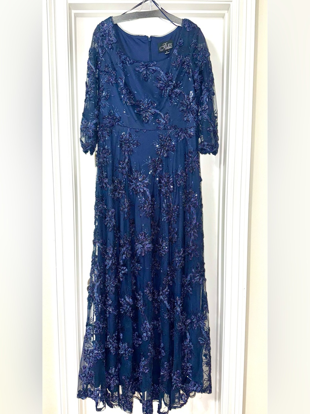 Alex Evenings Navy Beaded Rosette Evening Dress